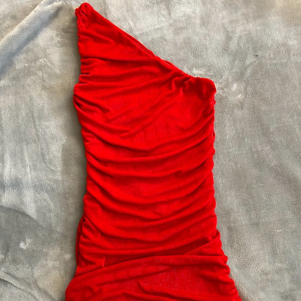 red ruched one shoulder mini dress